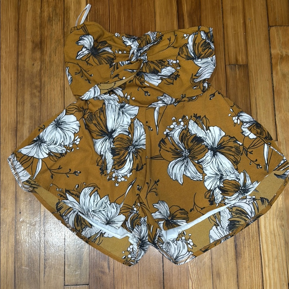 Floral Mustard Women's Strapless Rompers